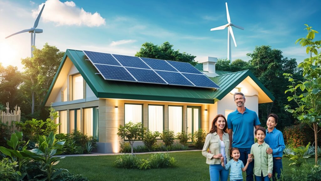 Energy-efficient home with solar panels, promoting sustainability