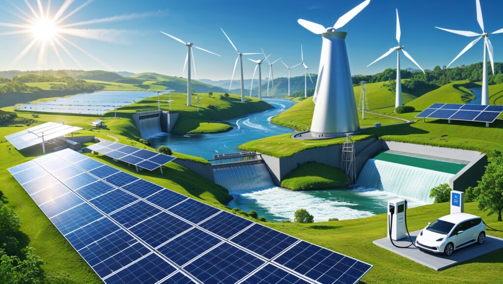 Solar panels and wind turbines for sustainable energy production